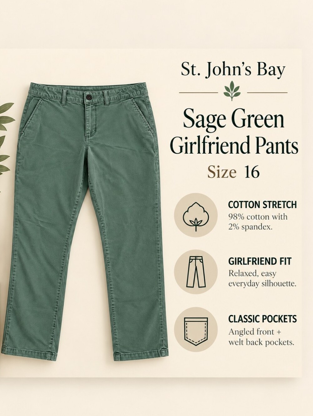 St. John’s Bay Girlfriend Chino Pants Green Stretch Preppy Casual Size 16